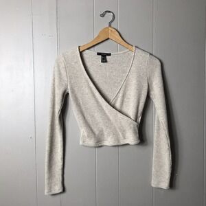 FOREVER 21 OATMEAL RIBBED FAUX WRAP SWEATER BLOUSE LONG SLEEVE WOMENS SMALL